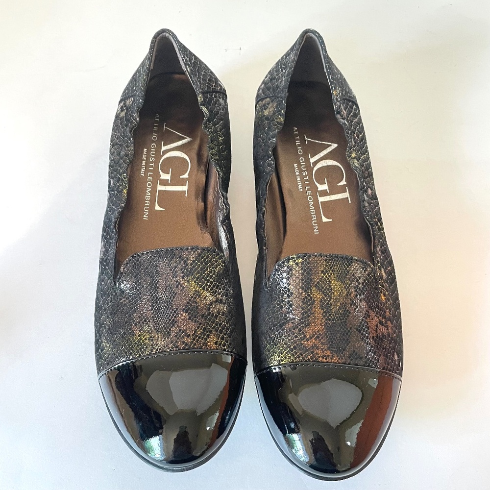 AGL Attilio Giusti Leombruni Black Bronze Loafer 40 Snakeskin Cap Toe